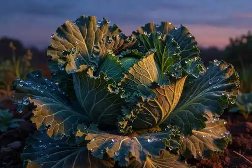 Close view of a brassica plant at twilight, its leaves holding subtle mathematical veining and patient transformation.