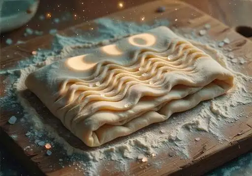 Folded dough on a floured wooden surface, with soft repeating layers that suggest tides and accumulated rhythm.