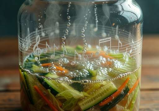 Glass fermentation vessel where rising bubbles form rhythmic wave patterns and faint musical structures in the brine.