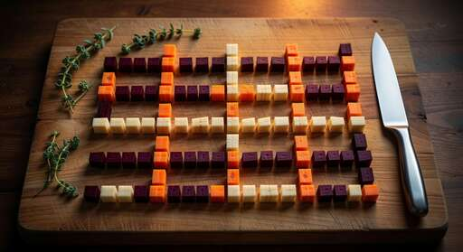 Wooden cutting board with precisely diced vegetables arranged in a geometric lattice, a chef's knife resting beside the work.