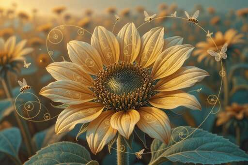 Large sunflower head at sunset with bees and butterflies tracing glowing golden spirals that follow the real Fibonacci pattern of the flower.