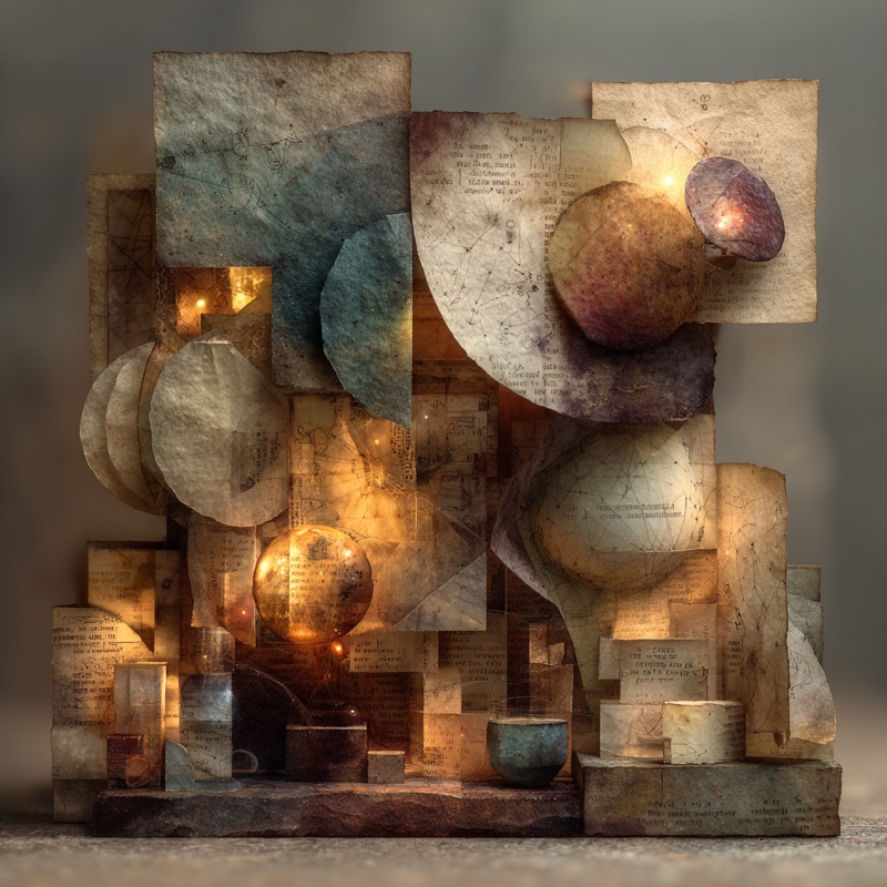 Warm papergami architecture render: layered paper planes with glowing amber globes, ceramic vessels, and handwritten text fragments.