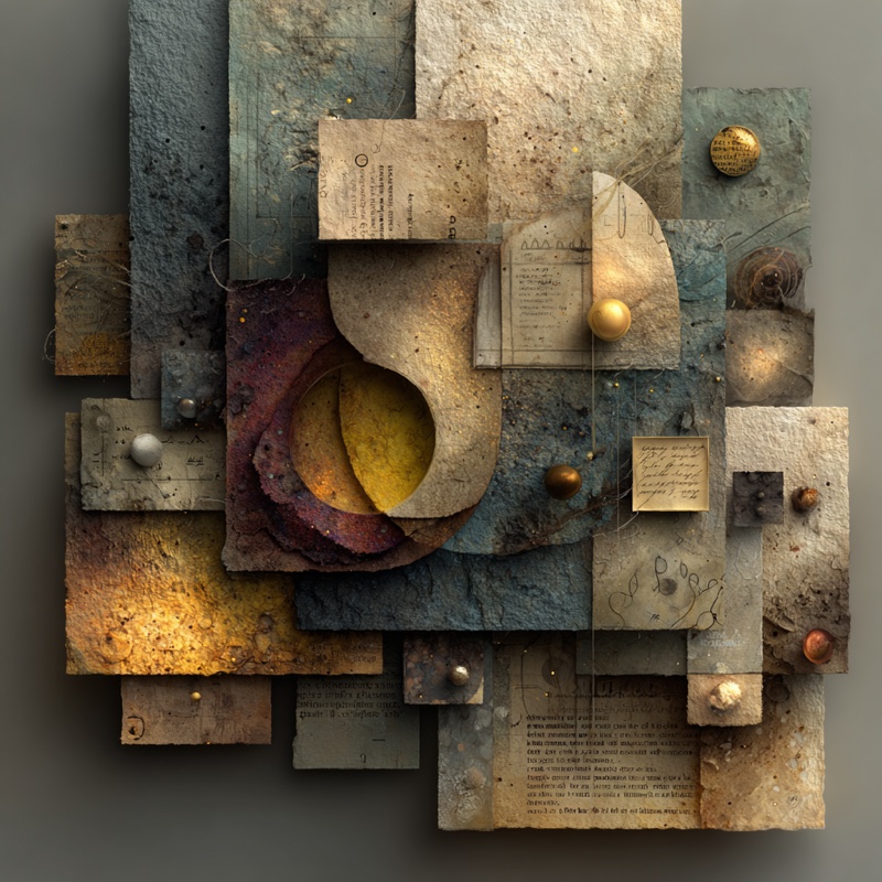 Flat papergami collage render: overlapping parchment panels with pinned notes, gold spheres, and the Spw mark visible at center.