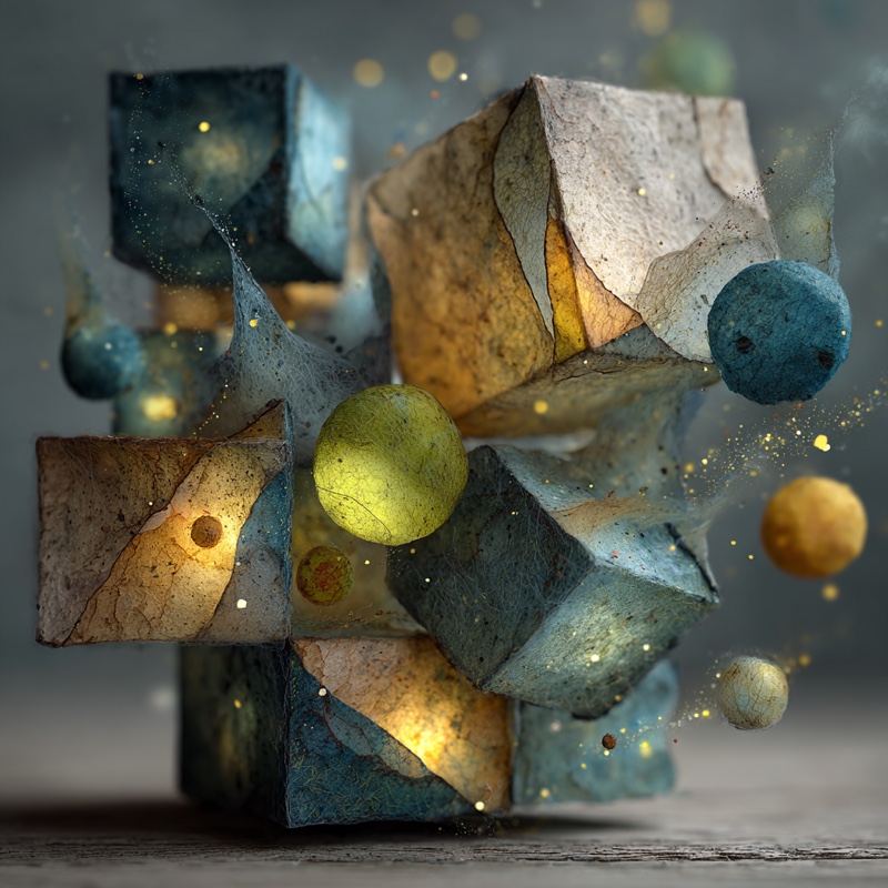 Kinetic papergami render: teal and slate folded planes exploding outward with orbiting gold and blue spheres.