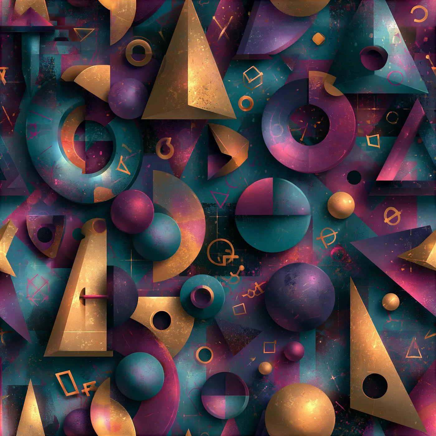 A charged field of geometric solids, symbols, and glowing marks arranged like parser weather over a dark luminous surface.