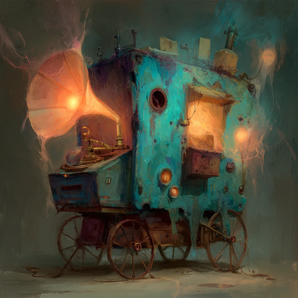 A glowing boonhonk machine with layered signal parts, suggesting whimsical tools, instruments, and a collected device language.