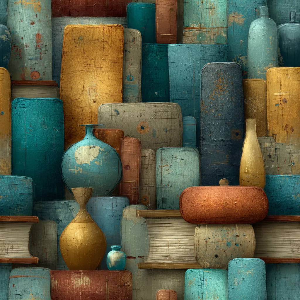 A stacked still life of handled books, vessels, and library-like blocks suggesting craft materials arranged into a durable working register.