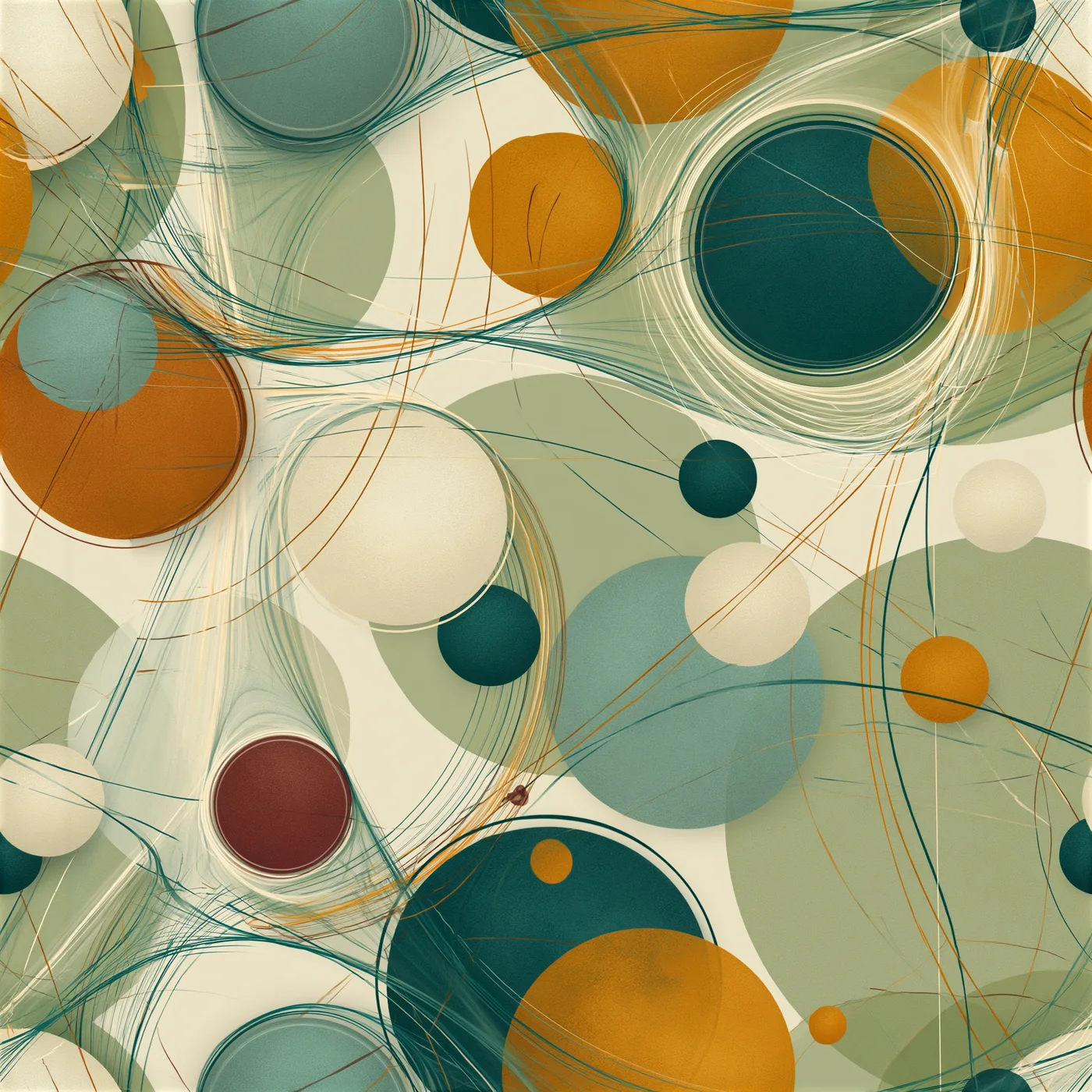 An abstract field of circular forms and connecting threads, useful as a reference for resonance, routing, and structural ornament.