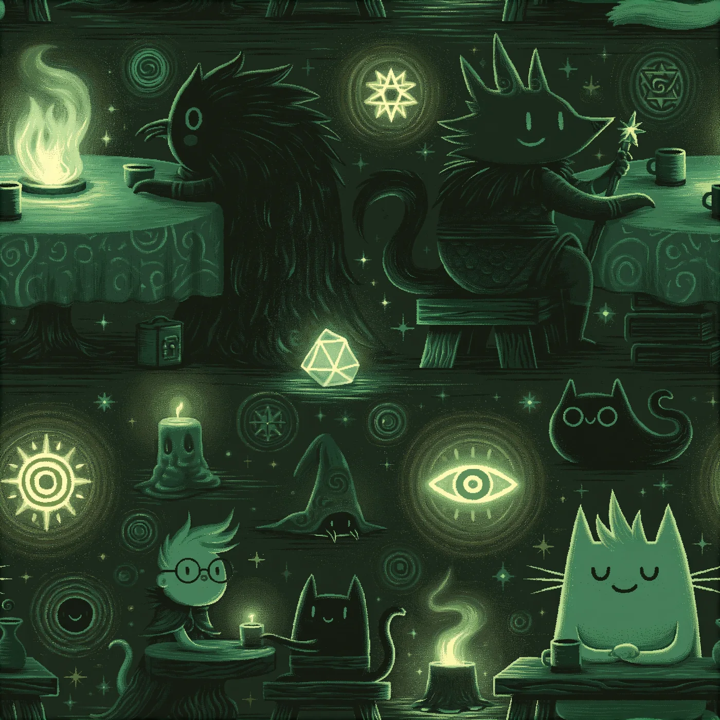 A glowing RPG campaign study with signal-dense hype, luminous motifs, and collaborative play energy.