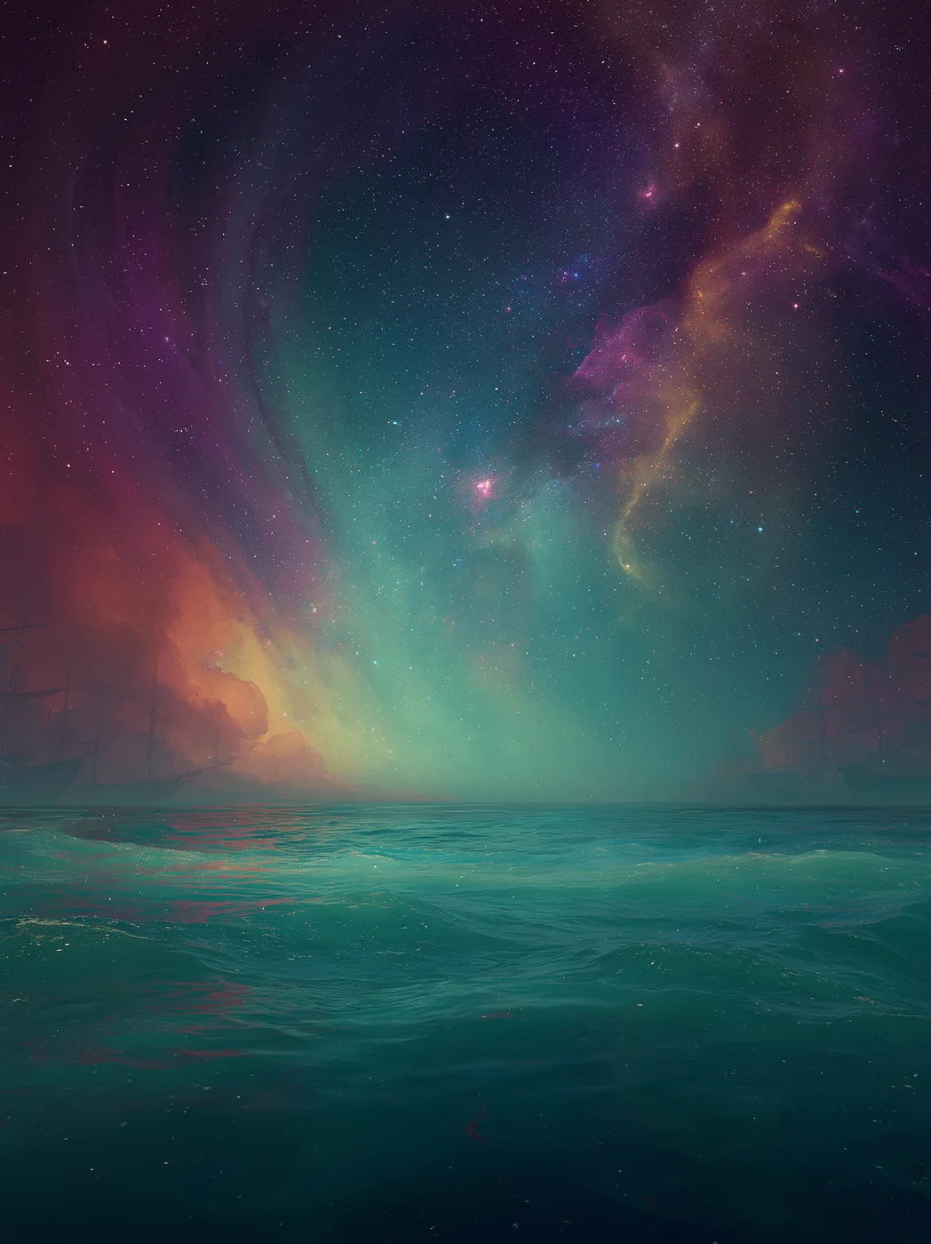 A teal and amber tide-like field with drifting light and layered textures, suggesting an atlas made of paper, water, and weather.