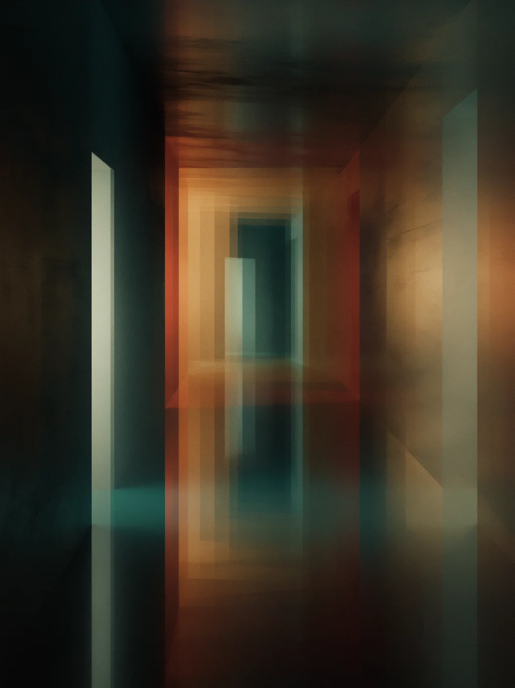 A blurred teal-and-amber corridor of thresholds and vertical frames, suggesting website depth, passage, and staged entry.