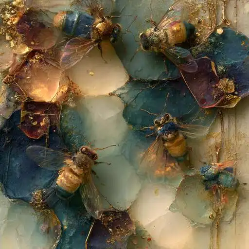Several bees moving across cracked translucent blue, gold, and amber cells with glowing seams.