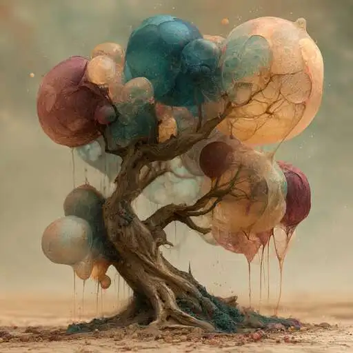 A sculptural tree with translucent amber, teal, and red globe forms growing from twisted branches.