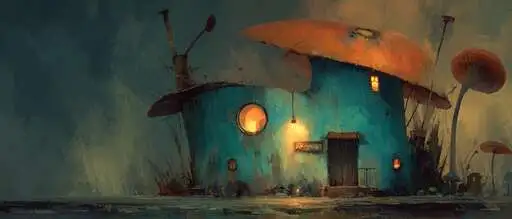 A wide teal and amber threshold scene with small glowing structures and a celebratory field-like atmosphere.
