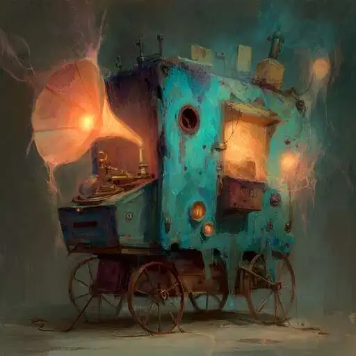A glowing teal and coral boonhonk machine with round lights and a cabinet-like body, staged as a playful prop.