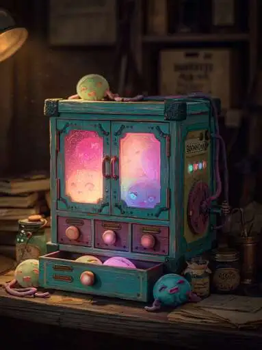 A teal glowing traveling pantry machine with warm lights and small containers, like a kitchen cart becoming a magical appliance.