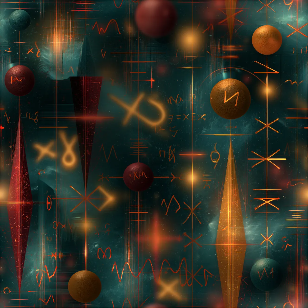 Algorithm signal study with glowing axes, warm vectors, and teal fields crossing a dark plane.